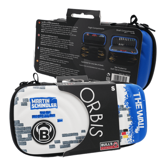 Bulls Orbis S Martin Schindler dart case Das Bild zeigt das Produkt "Bulls Orbis S Martin Schindler Dartcase" in einer Verpackung. Das Dartcase ist bunt gestaltet und trägt den Namen "Martin Schindler" sowie "The Wall".