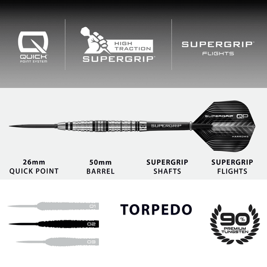 Harrows Supergrip Torpedo Quick Point Steel Darts Dieses Bild zeigt die Harrows Supergrip Torpedo Quick Point Steeldarts. Der Artikel ist in Nahaufnahme zu sehen.