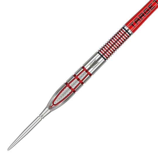 Target Nathan Aspinall GEN2 Swiss Point steel darts Das Bild zeigt einen Target Nathan Aspinall GEN2 Swiss Point Steeldart. Der Dart hat ein silbernes und rotes Design mit präzisen Gravuren und Rillen für besseren Halt.