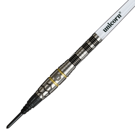 Unicorn Hexium Style 01 Black & Gold Softdarts - 22g ist ein eleganter Softdart in Schwarz und Gold. Das Produkt eignet sich ideal für Präzisionswürfe beim Dartspiel.