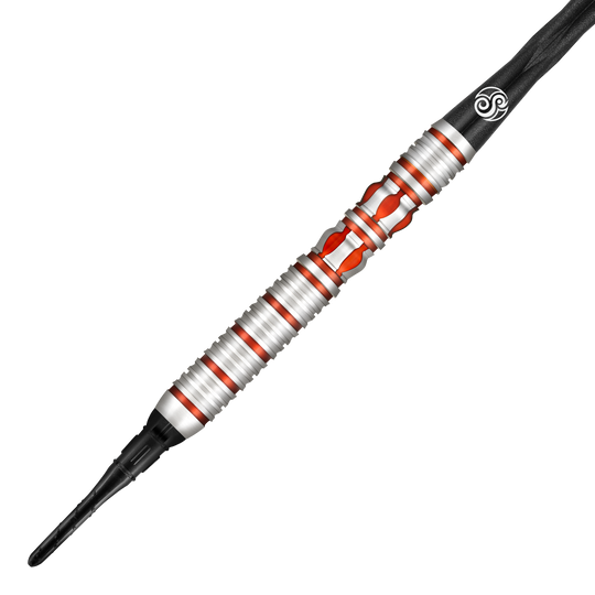 Shot Roman Empire Juno soft darts Das Bild zeigt einen Shot Roman Empire Juno Softdart. Der Dartpfeil ist silbern mit roten Akzenten und hat ein modernes, gerilltes Design.