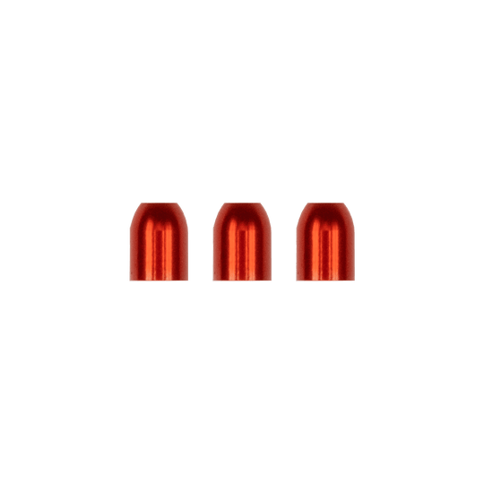 Das Bild zeigt drei metallische, rot glänzende L-Style Premium Champagne Ringe. Sie sind gleichmäßig nebeneinander auf einem neutralen Hintergrund angeordnet.