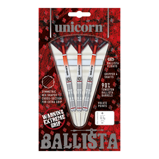 Das Bild zeigt eine Packung "Unicorn Ballista Style 2 Steeldarts" mit drei Darts. Die Verpackung hebt den extremen Grip und den 90%igen Tungsten-Anteil der Barrels hervor.