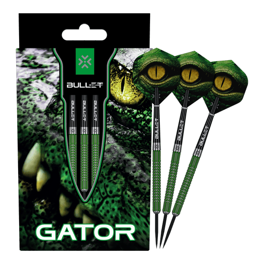 Bullet Gator steel darts Das Bild zeigt die Bullet Gator Steeldarts. Es handelt sich um Steeldarts für den Präzisions-Dartsport.