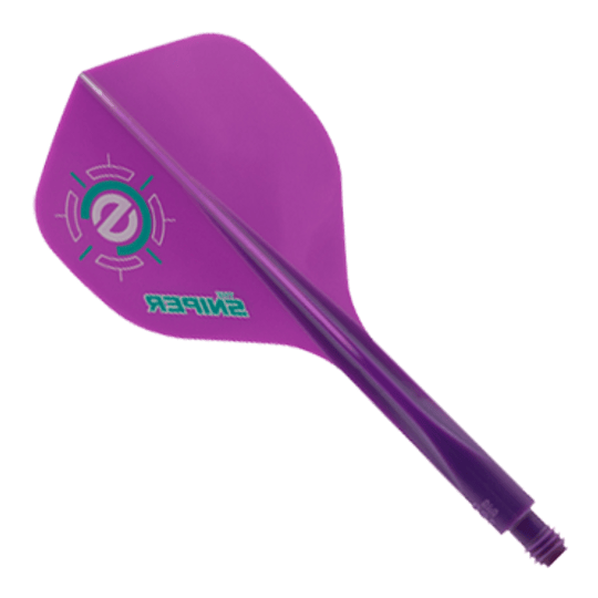 Condor Ax 120 Connor Scutt Sniper Purple Flight System - Standard Das Bild zeigt ein lila Dart-Flightsystem mit der Aufschrift "Sniper". Es handelt sich um das Modell "Condor Axe 120 Connor Scutt Sniper Purple Flight-System - Standard".