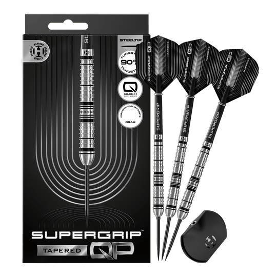 Harrows Supergrip Tapered Quick Point Steel Darts Abgebildet sind die Harrows Supergrip QP Tapered Quick Point Steeldarts. Es handelt sich um hochwertige Steeldarts für präzises Dartspiel.