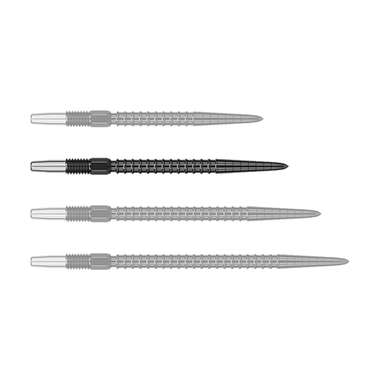 Target Swiss Point Chrono Dart Tips - Black Auf dem Bild sind vier schwarze Dartspitzen in einer Reihe zu sehen. Sie haben einen silbernen hinteren Abschnitt und einen geriffelten Mittelteil.