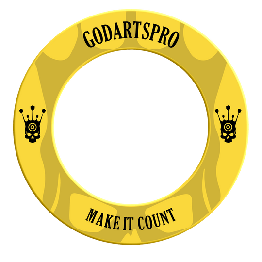 Ein gelber Dartboard-Surround ist auf dem Bild zu sehen. Die Aufnahme zeigt das Produkt in Nahaufnahme zur besseren Ansicht.