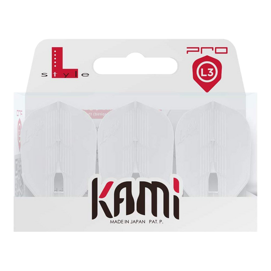 L-Style KAMI L3KPRO Flights Die Abbildung zeigt eine Packung mit drei weißen Dartflights der Marke KAMI. Auf der Verpackung steht „Made in Japan“ und das Produkt ist für das L3 PRO System geeignet.