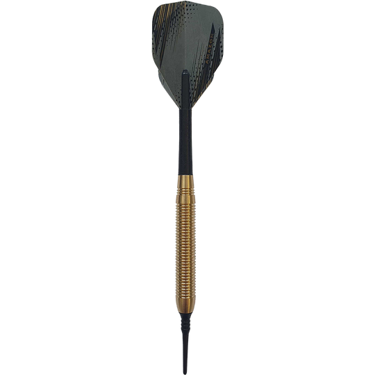 8010_Grey_One_Golden_Softdarts_1qZeMWtFlt0qpY Auf dem Bild ist ein Softdart mit goldener Griffzone und schwarzer Spitze zu sehen. Die Flügel des Darts sind grau mit goldenen Akzenten.