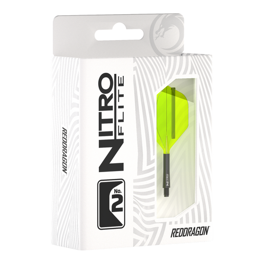 Red Dragon Nitroflite - Black Shaft Yellow No2 Flights Die Abbildung zeigt die Verpackung des Produkts "Red Dragon Nitroflite - Black Shaft Yellow No2 Flights". In der Packung ist ein Dartflight mit gelben Flügeln und schwarzem Schaft zu sehen.