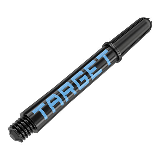 Target Pro Grip TAG Shafts - 3 Sets - Black Blue Dies ist ein schwarzer Dart-Schaft mit blauer Schrift. Auf dem Schaft steht das Wort "TARGET".