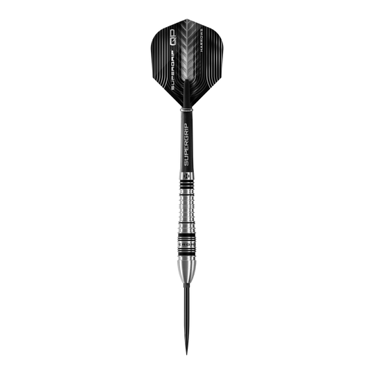 Das Bild zeigt die Harrows Supergrip Bomb Quick Point Steeldarts. Die Darts sind für präzises Werfen im Dartspiel entwickelt.