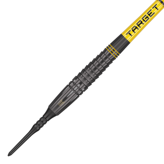 Target Scott Williams Shaggy Black Soft Darts - 20g Das Bild zeigt einen schwarzen Softdart mit gelben Akzenten und der Aufschrift "TARGET". Es handelt sich um das Produkt "Target Scott Williams Shaggy Black Softdarts - 20g".