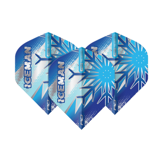 Red Dragon Gerwyn Price Blue Flake No2 Standard Flights Das Bild zeigt drei blaue Dart-Flights mit Eiskristall-Muster und dem Schriftzug "ICEMAN". Die Flights sind das Produkt "Red Dragon Gerwyn Price Blue Flake No2 Standard Flights".