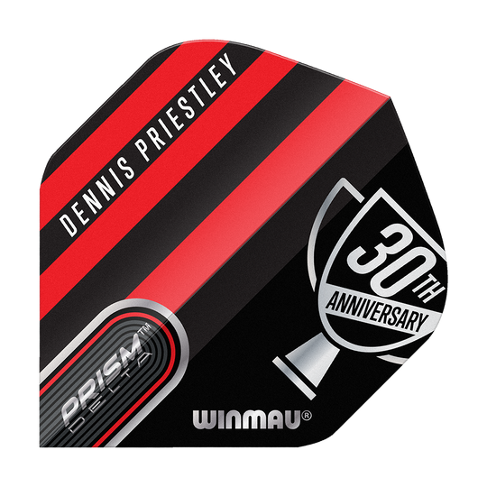 Winmau Prism Delta Dennis Priestley Diamond 3-Zero No2 Standard Flights Das Bild zeigt ein Dart-Flight mit dem Namen "Dennis Priestley" und einem schwarz-roten Design. Auf dem Flight steht zudem "30th Anniversary" und "Winmau Prism Delta".