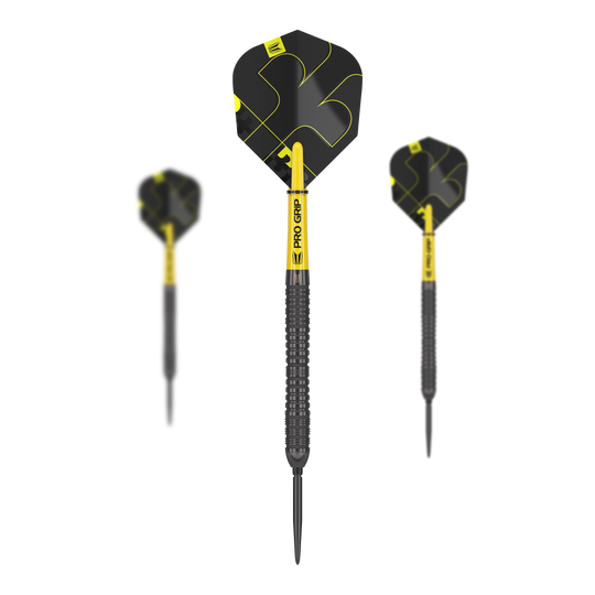 Das Bild zeigt drei Steeldarts des Modells "Target Bolide Void 04 Swiss Point". Die Darts sind schwarz-gelb und haben ein modernes, markantes Design.