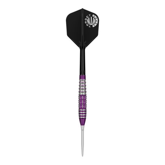 Das Bild zeigt einen Steeldartpfeil aus der Target Japan Prime Series mit silber-lila geriffeltem Barrel und schwarzer Flight. Auf dem Flight ist ein weißes Logo mit der Aufschrift "TARGET JAPAN" zu sehen.