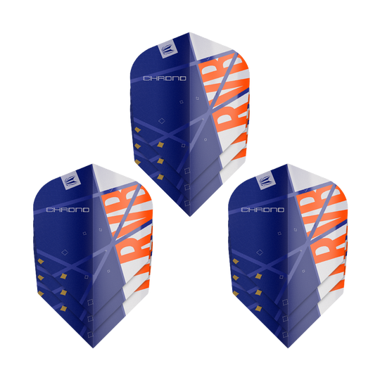 Target Pro Ultra Raymond Van Barneveld Chrono No6 Flights - 3 Sets Das Bild zeigt drei Sätze von Target Pro Ultra Raymond Van Barneveld Chrono No6 Flights für Darts. Die Flights sind hauptsächlich blau mit orange-weißen Akzenten und geometrischem Design.