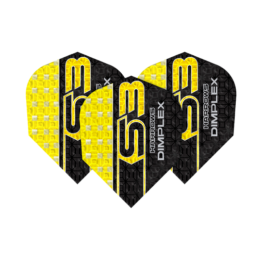 Das Bild zeigt drei gelbe und schwarze Dartflights des Modells "Harrows Dimplex S3". Auf den Flights steht der Schriftzug "S3 HARROWS DIMPLEX".