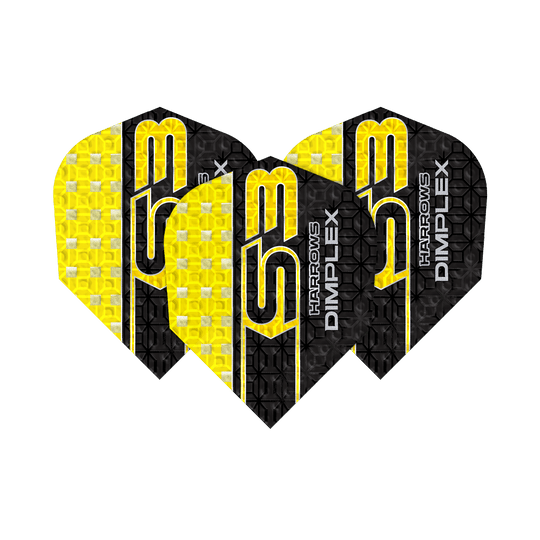 Harrows Dimplex S3 Flights - Yellow Das Bild zeigt drei gelbe und schwarze Dartflights des Modells "Harrows Dimplex S3". Auf den Flights steht der Schriftzug "S3 HARROWS DIMPLEX".