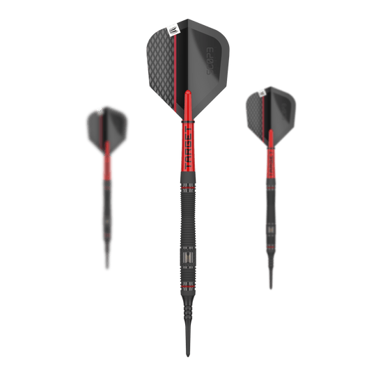 Target Scope 11 Soft Darts Das Bild zeigt drei Softdarts des Produkts „Target Scope 11“. Die Darts haben ein schwarzes und rotes Design mit strukturierten Flights.