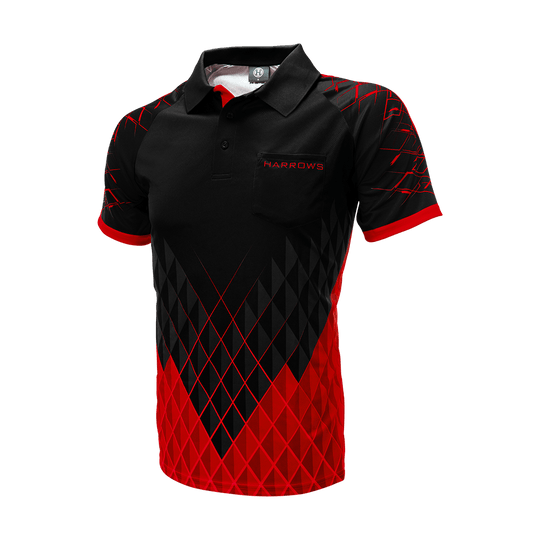 HRS-26036_Harrows_Paragon_Dartshirt_Rot_3 Das Bild zeigt ein Harrows Paragon Dartshirt in den Farben Schwarz und Rot. Das Shirt hat ein auffälliges Rautenmuster und einen Kragen mit Knopfleiste.
