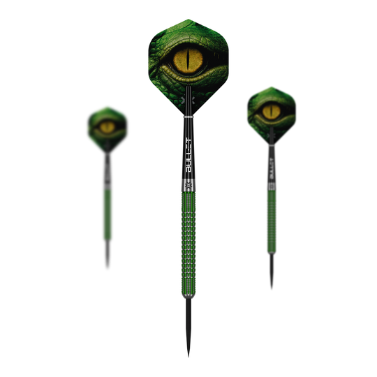 Abgebildet sind die Bullet Gator Steeldarts in einem Set. Die Darts sind für das Spiel mit Stahlspitzen geeignet.