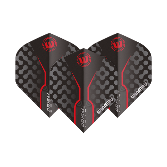 Das Bild zeigt drei Dart-Flights des Modells "Winmau Prism Zeta GreyRed Standard". Die Flights sind grau mit roten Akzenten und einem modernen Muster gestaltet.
