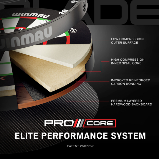 Winmau Blade X ProCore steel dartboard Das Bild zeigt einen weiteren Blick auf das Winmau Blade X ProCore Steeldartboard. Die Aufnahme fokussiert auf die Oberfläche und das Segment-Design.