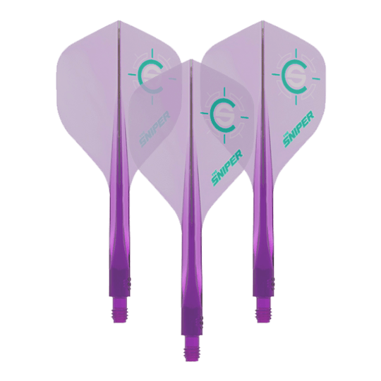 Condor Ax 120 Connor Scutt Sniper Clear Purple Flight System - Standard Das Bild zeigt drei lilafarbene Dart-Flights des Modells „Condor Axe 120 Connor Scutt Sniper Clear Purple“. Auf den Flights ist ein grünes Ziel-Logo sowie das Wort „Sniper“ zu sehen.