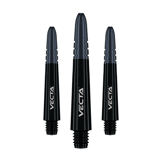 Winmau Vecta Shafts - Black Auf dem Bild sind drei schwarze Dart-Schäfte mit der Aufschrift "Vecta" zu sehen. Sie sind unterschiedlich groß und haben ein modernes, glänzendes Design.