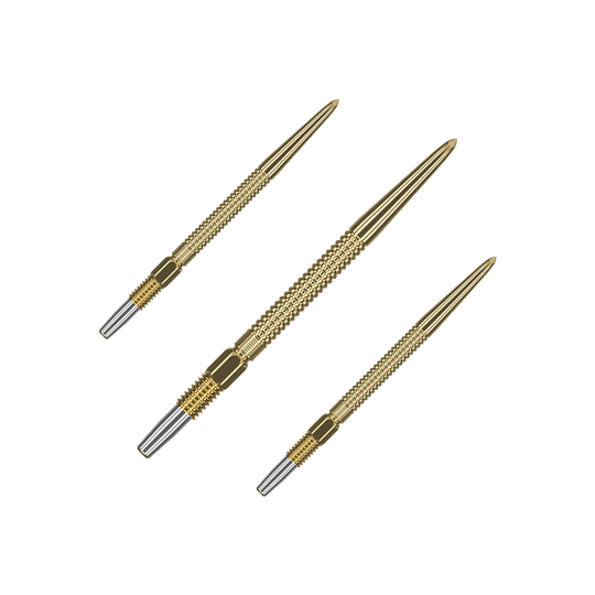 Das Bild zeigt drei goldene Dartspitzen des Produkts "Target Swiss Point GRD Gold Dartspitzen". Die Spitzen sind fein gearbeitet und haben einen metallischen Glanz.