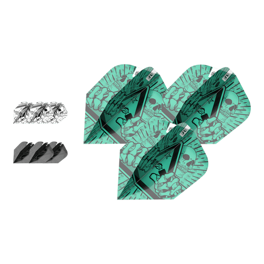 Das Bild zeigt das Produkt „Target Ink Bundle 3 Sets Rob Cross Ten-X Flights“. Es sind drei verschiedene Dart-Flights mit auffälligen Mustern zu sehen, darunter ein grünes Design mit Totenkopf.