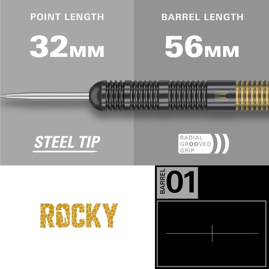 Target Josh Rock Brass Steel Darts - 22g Das Bild zeigt den Target Josh Rock Brass Steeldart mit einer Stahlspitze. Die Spitzenlänge beträgt 32 mm und die Barrel-Länge 56 mm, mit radial gerilltem Griff.