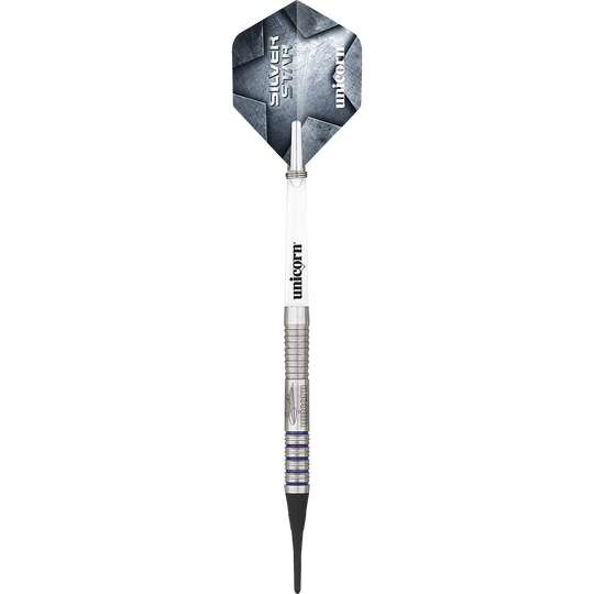 04771_Unicorn_Silver_Star_Var2_Gary_Anderson_Softdarts_1NXXE003B8Bifb Das Bild zeigt einen Softdart mit silbernem Schaft und grauer Flights. Auf dem Flight steht "Unicorn Silver Star".