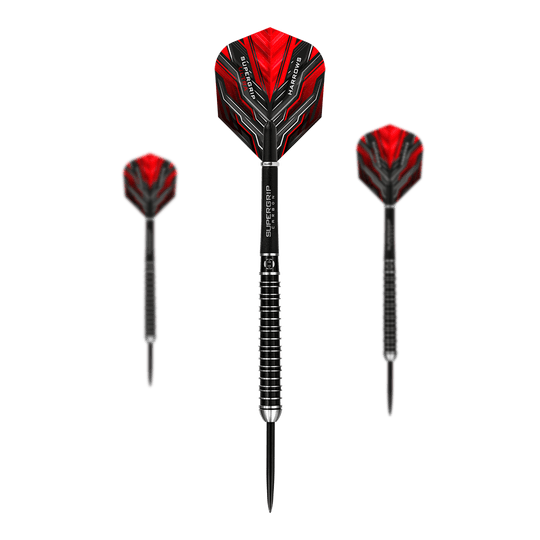 Harrows Supergrip Ultra steel darts Das Bild zeigt drei Harrows Supergrip Ultra Steeldarts mit roten Flights. Die Darts haben einen schwarzen Schaft mit silbernen Ringen und spitzen Metallspitzen.
