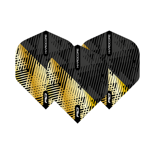 Das Bild zeigt die Red Dragon Hardcore Premium Gold Black Fleck Standard Flights. Die Flights haben ein modernes Design in Schwarz und Gold mit auffälligen Linienmustern.