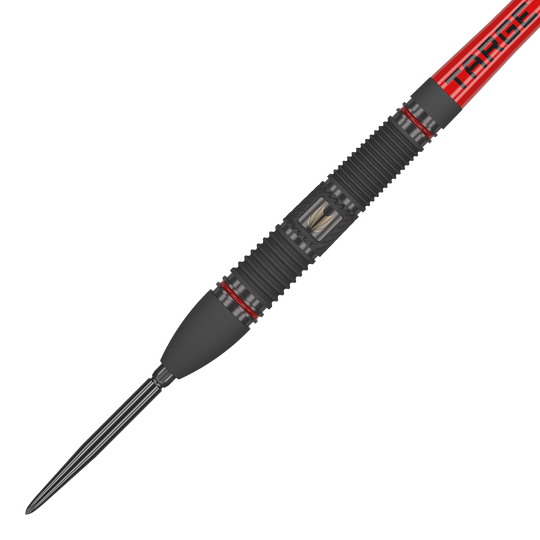 Target Scope 02 Swiss Point steel darts Das Bild zeigt einen Target Scope 02 Swiss Point Steeldart mit einem schwarzen und roten Design. Der Dartpfeil hat eine gerillte Griffzone und eine scharfe Metallspitze.