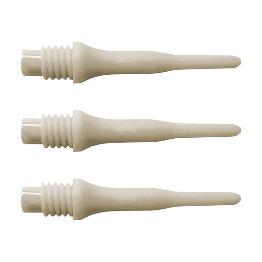 896_Bulls_Tefo_X_Softdart-Spitzen_100erPack_Weiss_12LOIF0TyEcmuU Das Bild zeigt drei helle Kunststoffspitzen mit Gewinde. Es handelt sich um Bulls Tefo X Spitzen, die als Ersatzteile für Softdarts verwendet werden.