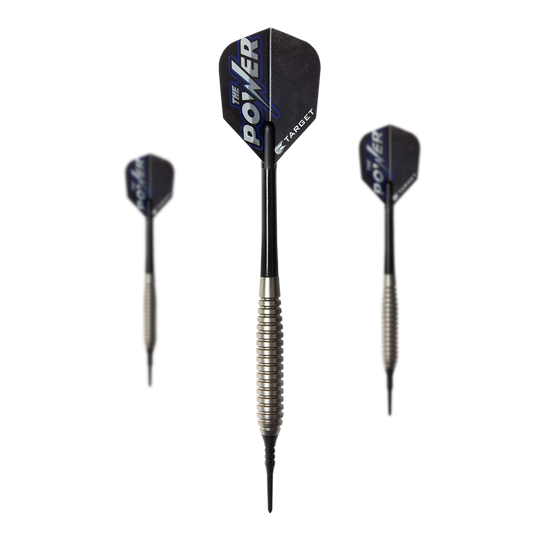 Das Bild zeigt drei Softdarts des Modells "Target Phil Taylor Power Silverlight". Die Darts haben silberne Griffe und schwarze Flights mit der Aufschrift "The Power".