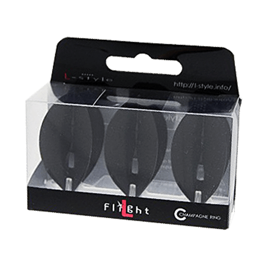 L-Style Champagne L2PRO Teardrop Flights - Black Das Bild zeigt eine Packung mit L-Style Champagne L2PRO Teardrop Flights in Schwarz. Die Verpackung enthält drei schwarze Dartflights, die sichtbar durch das Klarsichtfenster sind.