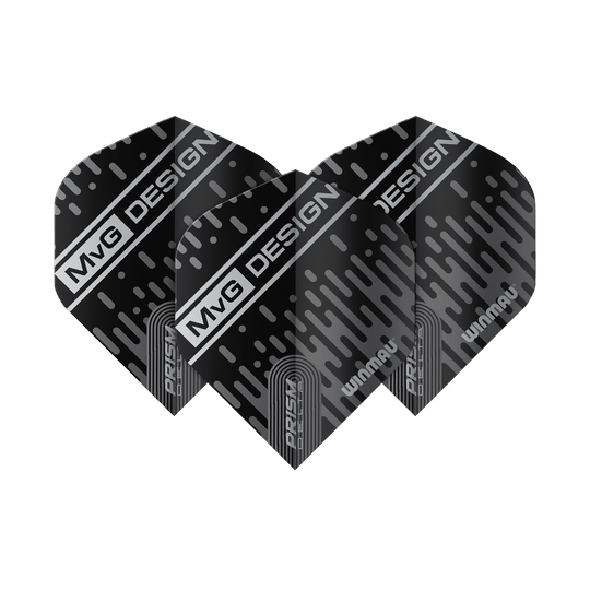 6915-214_Winmau_Prism_Delta_MvG_6915-214_Standard_Flights_17O2KiekynWPnE Das Bild zeigt die Winmau Prism Delta MvG 6915.214 Standard Flights. Sie sind schwarz mit silbernen Akzenten und dem Schriftzug "MvG DESIGN".