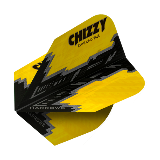 HR7531_Harrows_Dave_Chisnall_Prime_Gelb_Schwarz_No6_Flights_2 Das Bild zeigt ein Dartflight mit dem Namen "Harrows Prime Dave Chisnall Schwarz No6". Das Flight ist überwiegend gelb und schwarz und trägt den Schriftzug "CHIZZY DAVE CHISNALL".