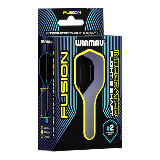 Winmau Fusion Flight Shaft System Standard Black Auf dem Bild ist eine Verpackung des Winmau Fusion Integrated Flight & Shaft Systems zu sehen. Die Schachtel ist schwarz mit blauen und gelben Akzenten und enthält Flights und Shafts für Darts.