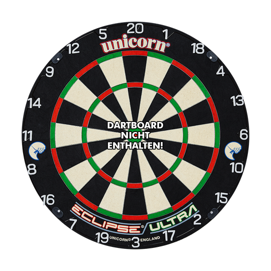 Das Bild zeigt einen Dartboard-Zahlenring der Marke Unicorn mit horizontal angeordneten Zahlen. In der Mitte steht der Hinweis: "Dartboard nicht enthalten!"