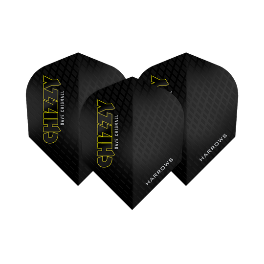 Harrow's Dave Chisnall Chizzy Series 3 Flights Das Bild zeigt drei Dartflights der Marke Harrows aus der Dave Chisnall Chizzy Series 3. Die Flights sind schwarz mit gelbem Schriftzug „CHIZZY“ und verfügen über ein dezentes Rautenmuster.