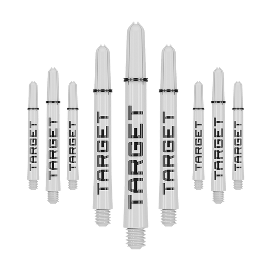 Das Bild zeigt neun weiße Dartschäfte mit der Aufschrift "TARGET" in schwarzer Schrift. Sie sind in zwei Reihen angeordnet, wobei die mittleren Schäfte größer erscheinen.