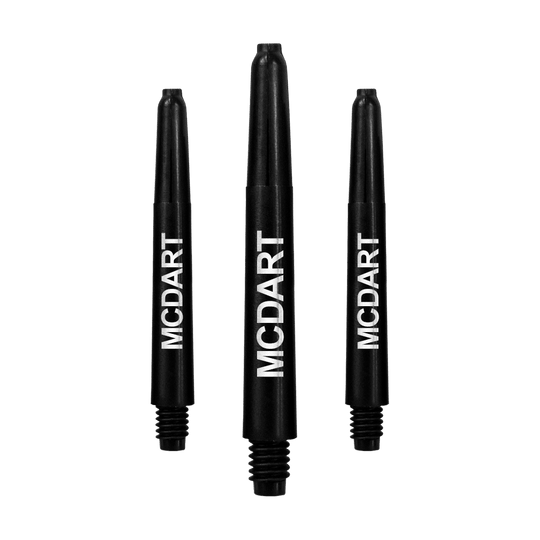 Auf dem Bild sind drei schwarze Dartschäfte aus Nylon zu sehen. Auf jedem Schaft steht in weißer Schrift das Wort "MCDART".