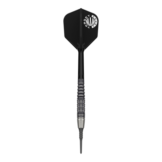 Dies ist ein Softdart aus der Target Japan Prime Series, Modell Harold Ching GEN1 Zenith MAX mit 21g. Der Dart hat ein schwarzes Flight mit weißem Aufdruck und einen silber-schwarzen Griffbereich.